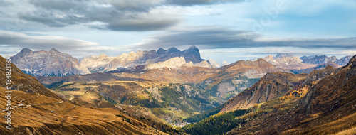 Autumn alpine Dolomites mountain scene near Pordoi Pass, Trentino , Italy. photo