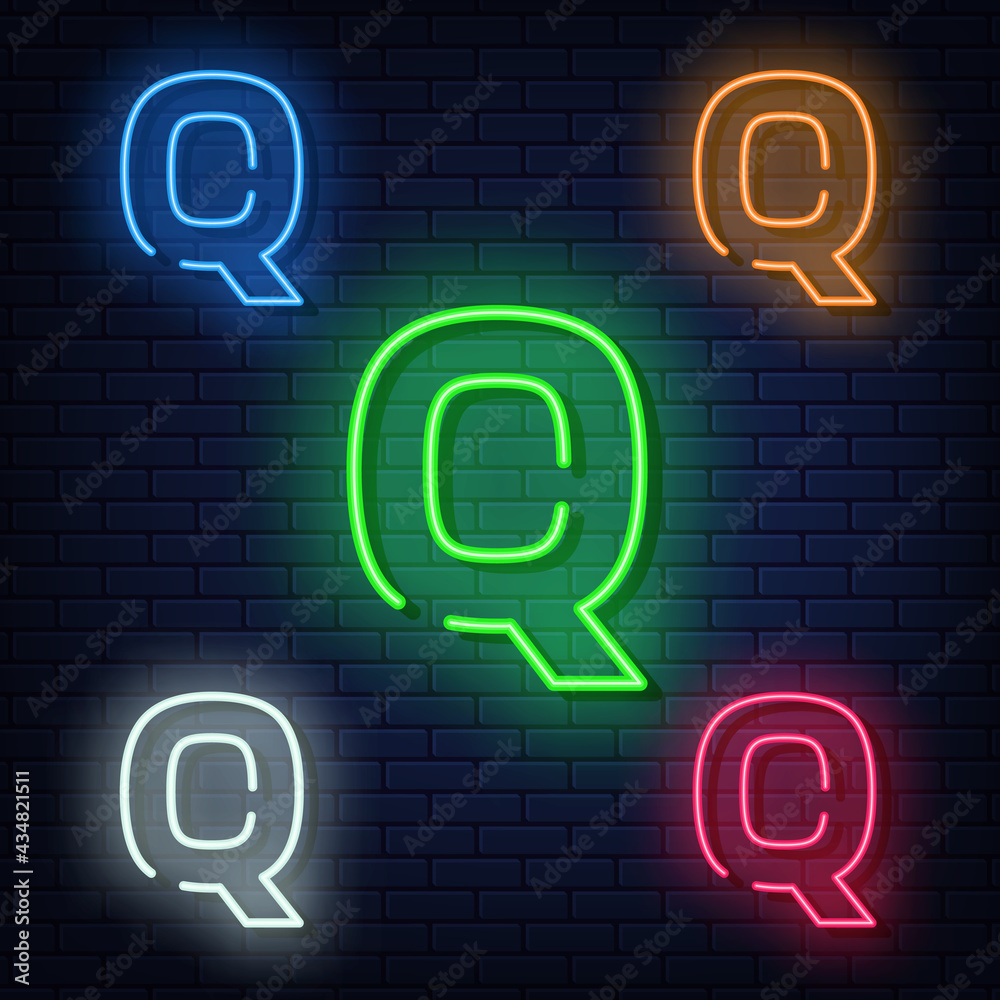 Neon letters, five colors: red, blue, green, yellow, white. Isolated font on a blue brick wall background. Vector illustration eps 10. Neon letters, five colors: red, blue, green, yellow, white. Isolated font on a blue brick wall background. Vector illustration eps 10.