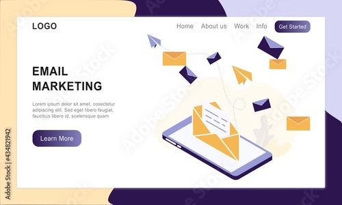 Landing page for E-mail marketing campaign, marketing research, letters, envelopes, business correspondence, instant messengers, online communication, drip marketing. Vector illustration for website. 