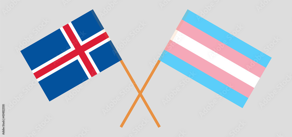 Crossed flags of Iceland and transgender pride. Official colors. Correct proportion