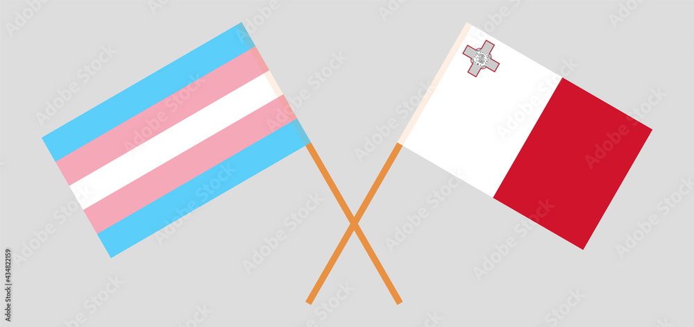 Crossed flags of transgender pride and Malta. Official colors. Correct proportion Crossed flags of transgender pride and Malta. Official colors. Correct proportion