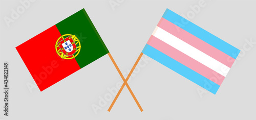 Crossed flags of Portugal and transgender pride. Official colors. Correct proportion