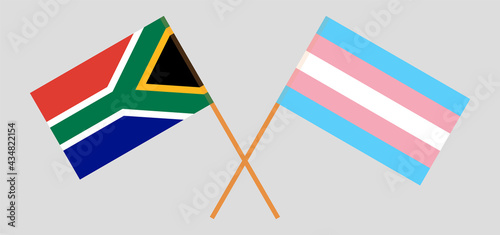 Crossed flags of transgender pride and Republic of South Africa. Official colors. Correct proportion