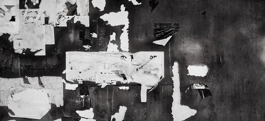 Acrylglasbilder Graffiti Grunge Wide Background with Old Torn Posters. Urban Graffiti Wall Texture. Grungy Ripped Wall with Torn Posters and Ads Background. Panoramic Urban Wallpaper. Graffiti Wall Texture.  © Alex