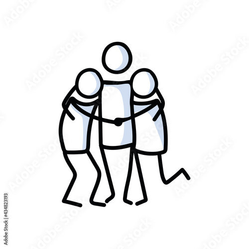 Drawn stick figure of 3 friends hugging. Support of young people embrace together illustrated vector sketchnote. 