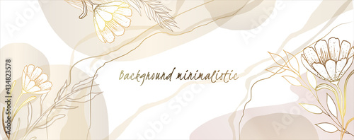 Plants line gold. Minimal background in beige tones. With beautiful streaks and watercolor stains and stripes. Abstract plants banner design for prints, covers, wallpapers, minimalistic
