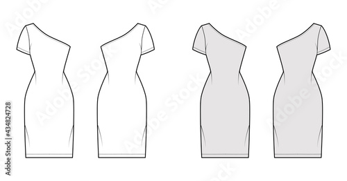 Dress one shoulder technical fashion illustration with short sleeve, fitted body, knee length pencil skirt. Flat apparel front, back, white, grey color style. Women, men unisex CAD mockup