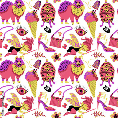 Cute, romantic, and feminine seamless pattern design. Vibrant, colorful hand drawn illustration.