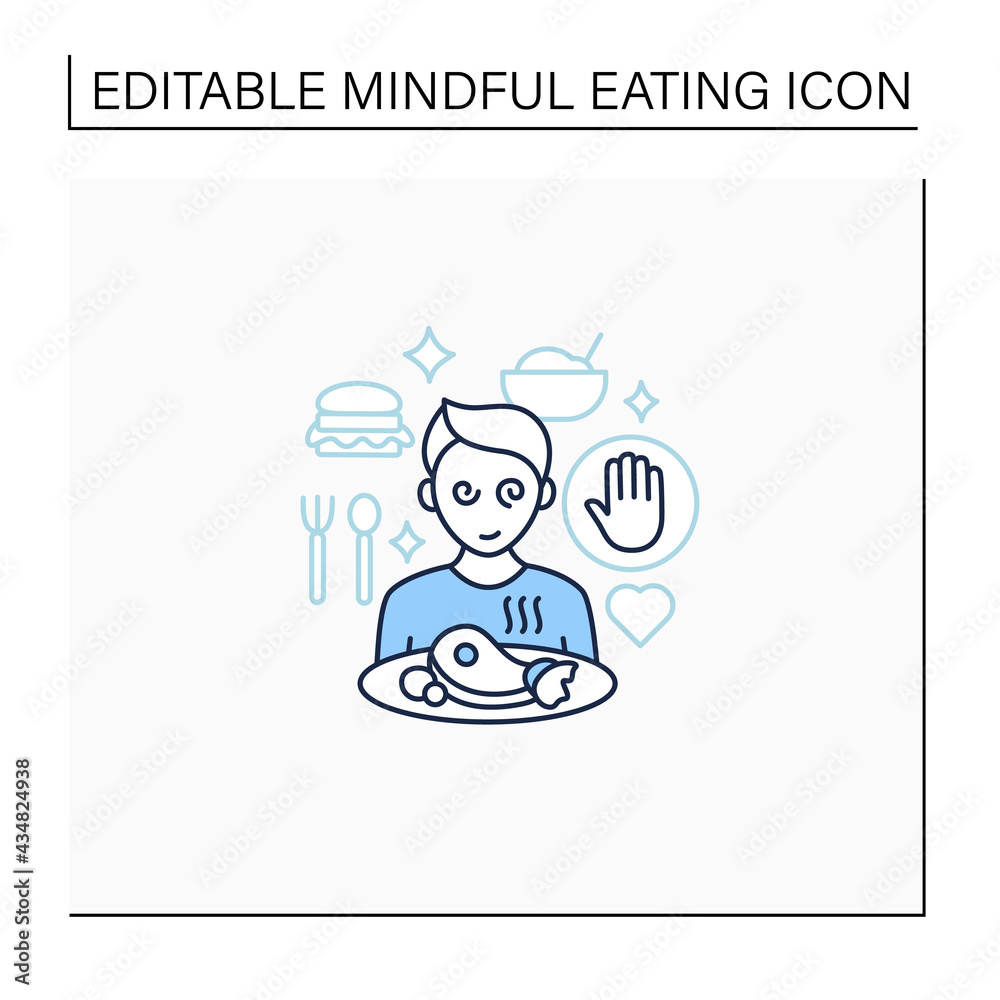 Mindful eating line icon. Unconscious nutrition. Overeating. Eat without being hungry. Healthcare concept. Isolated vector illustration.Editable stroke