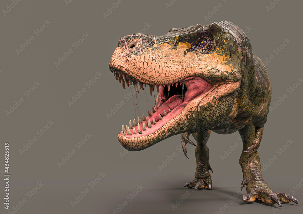 Obraz premium green tyrannosaurus rex on dark background with copy space