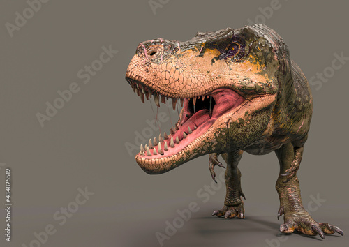 green tyrannosaurus rex on dark background with copy space