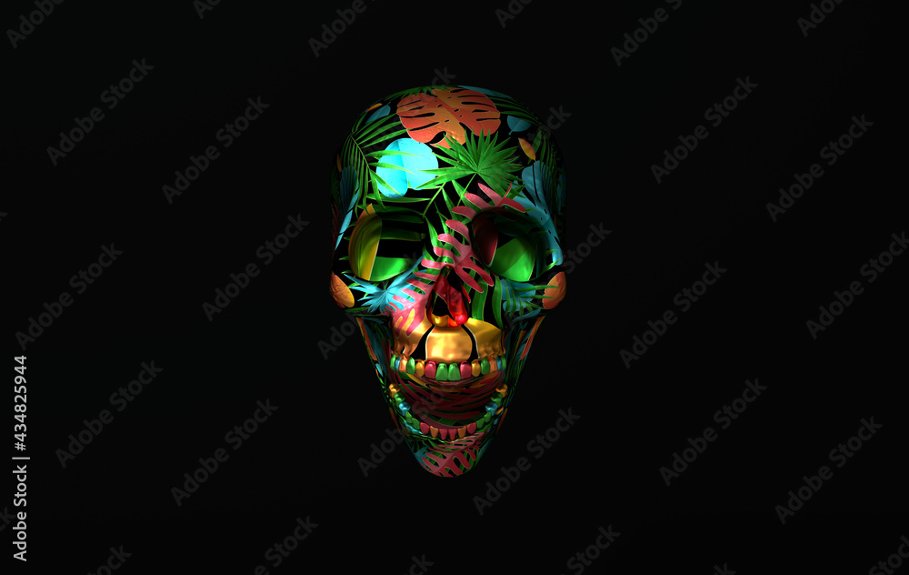 Naklejka premium Human scull 3d rendering. Colorful laughing death's-head on black background