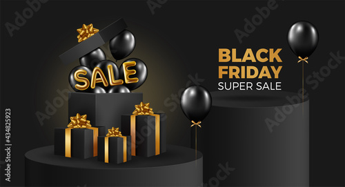 Black friday sale background with transparent realistic balloons. Modern design.Universal vector background for poster, banners, flyers, card.