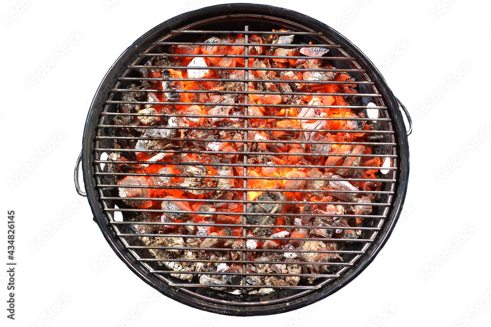 Kettle Grill Pit With Flaming Charcoal. Top View Of BBQ Hot Kettle Grill With Stainless Steel Grid Isolated Background Overhead View. Barbecue Kettle Grill On Backyard Ready Grilling Cookout Food. Sto...