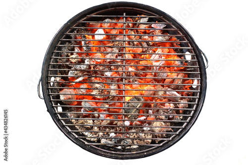 Kettle Grill Pit With Flaming Charcoal. Top View Of BBQ Hot Kettle Grill With Stainless Steel Grid, Isolated Background, Overhead View. Barbecue Kettle Grill On Backyard Ready Grilling Cookout Food.
