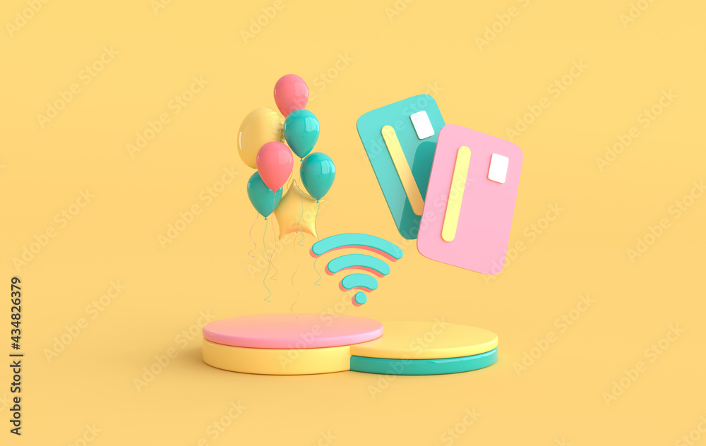 Credit card and balloons on podium, wifi symbol. Online shopping, payment concept 3d render Credit card and balloons on podium, wifi symbol. Online shopping, payment concept 3d render