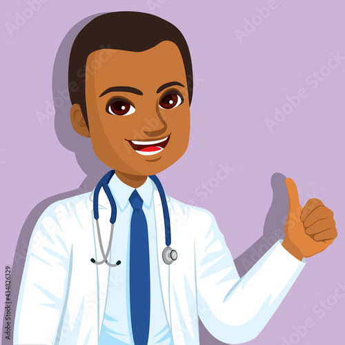 Happy black African American doctor showing thumb up hand gesture