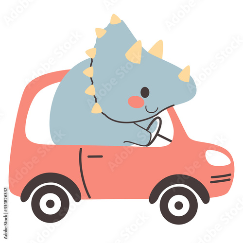 Cute triceratops dinosaur riding red car automobile