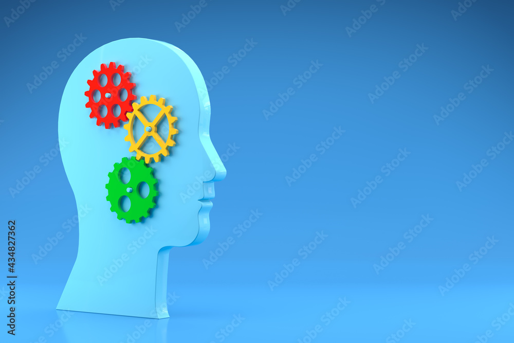 Brain Gears in Human Head Shape on Blue Background. 3d Rendering Brain Gears in Human Head Shape on Blue Background. 3d Rendering