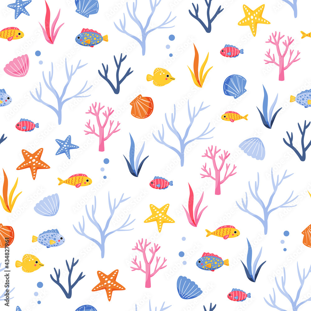Cute marine pattern with colorful seaweed, fishes and shells on white background. Colorful sea algae hand drawn in cartoon style. Vector illustration