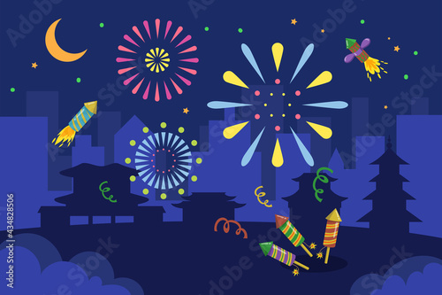 Colorful fireworks in Asian city at night. Firecrackers, confetti, pagodas, silhouette of city and buildings cartoon vector illustration. Party, celebration, Lunar New Year, Asia, holiday concept