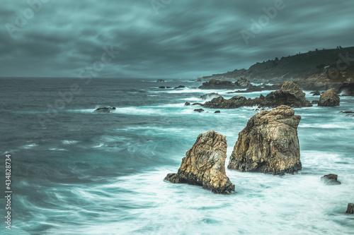 Dramatic coast of Big Sur California on a stormy day, long exposure