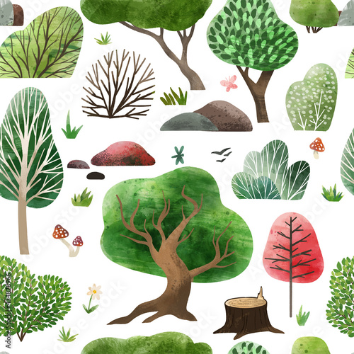Watercolor forest elements, hand drawn vector illustration.