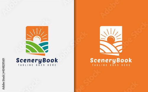 Book Shape with Landscape View and Sunshine Logo Design.