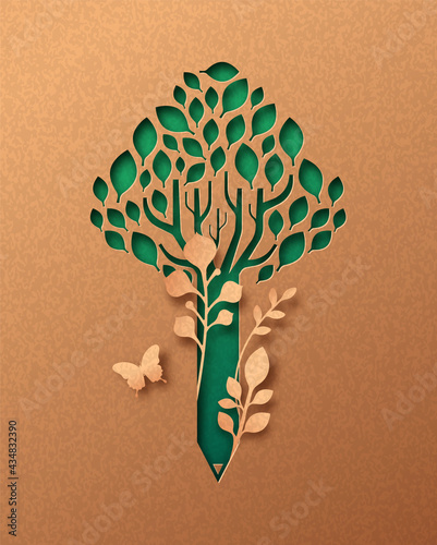 Green pencil tree paper cut education concept