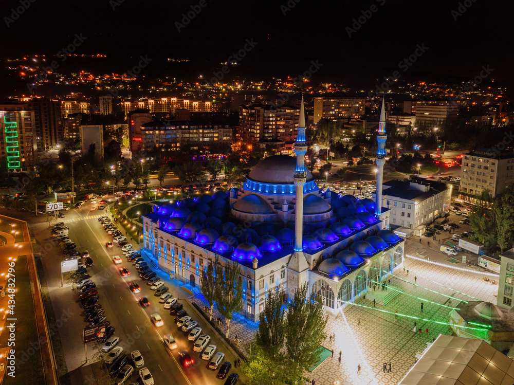 Fototapeta premium Aerial view of Central Juma Mosque in Makhachkala at night