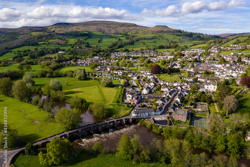 Aerial drone view of the Welsh town of Crickhowell