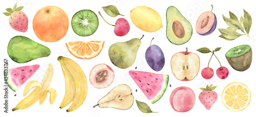 Watercolor fruit set. Juicy and colorful fruit on white background including pears, lemons, oranges, apple, plums, avocados and more. Healthy diet food with fruits.