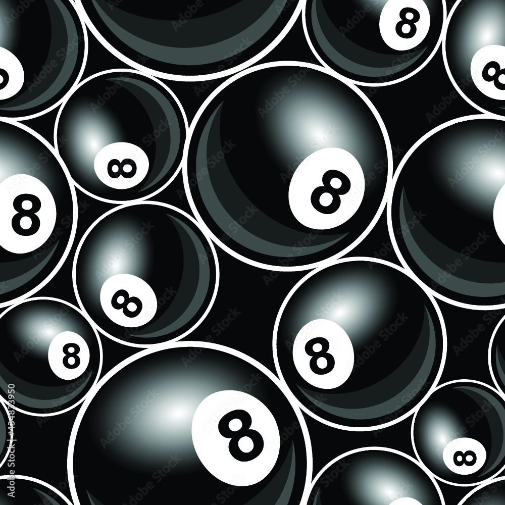 Vector seamless pattern with billiard pool snooker 8 ball symbol. Ideal for wallpaper, wrapper, packaging, fabric, textile, paper design and any kind of decoration Vector seamless pattern with billiard pool snooker 8 ball symbol. Ideal for wallpaper, wrapper, packaging, fabric, textile, paper design and any kind of decoration