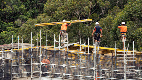  Installing flooring concrete formwork. Construction progress on new building site at 56-58 Beane St. Gosford, Australia. April 9, 2021.Part of a series. © geoff childs. 