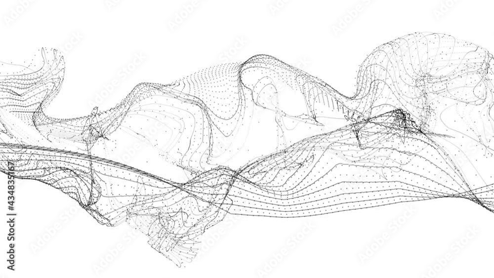 Black and white wavy particles background.Abstract deformation network mesh structure.Digital flow with lines from points in slow motion.Particles field dance move.Technological style.Flat animation 