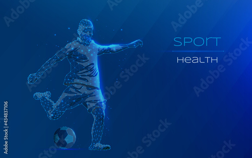Soccer player hitting the ball. soccer the most famous game in the world. healthy lifestyle particle divergent composition vector illustration. plexus. wireframe. low poly. dark-blue background.