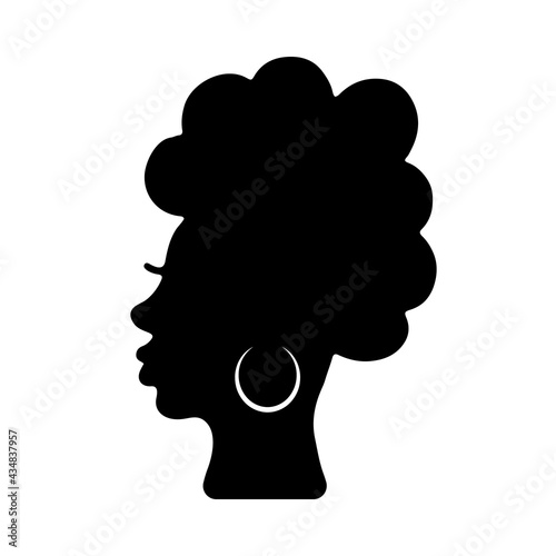 African American woman silhouette with curly afro hair and traditional earring. Young black woman profile isolated on white. Vector illustration.