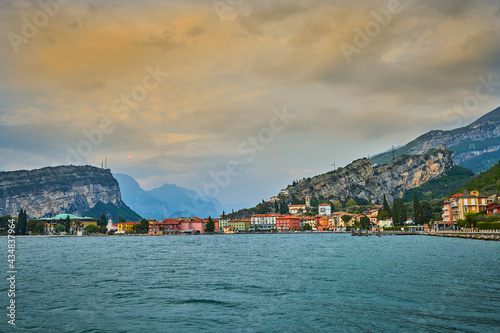 View of the beautiful Lake Garda in the springtime,Torbole city surrounded by mountains in Trentino alto Adige region,italy