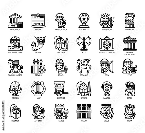 Set of Ancient Greece thin line and pixel perfect icons for any web and app project.