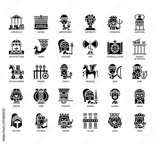 Set of Ancient Greece thin line and pixel perfect icons for any web and app project.