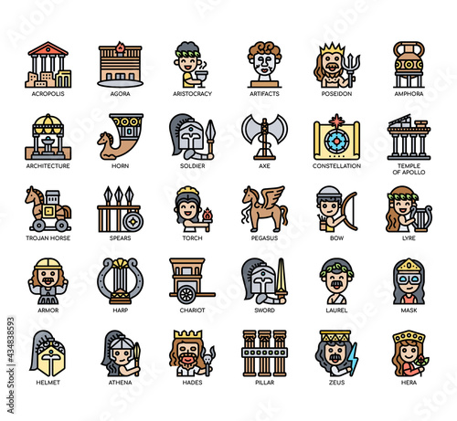 Set of Ancient Greece thin line and pixel perfect icons for any web and app project.