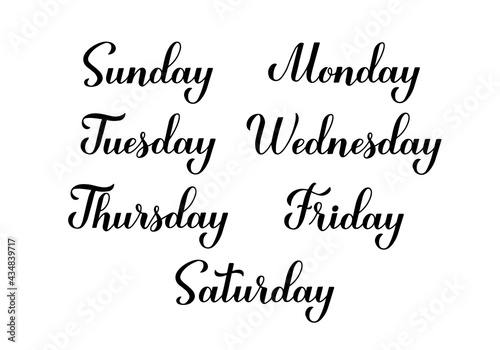 Handwritten weekday names . Monday, Tuesday, Wednesday, Thursday, Friday, Sunday and Saturday calligraphy hand lettering. Vector set.