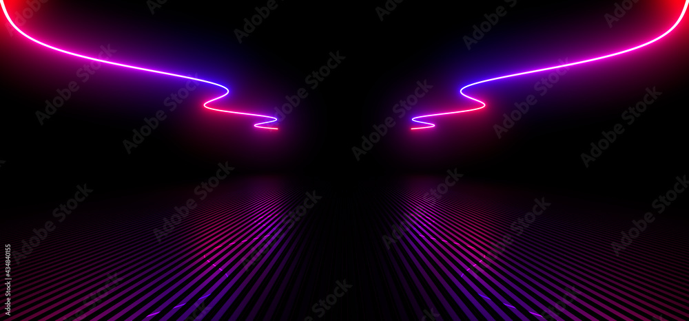 Sci Fy neon lamps in a dark hall. Reflections on the floor and walls. 3d rendering image. Sci Fy neon lamps in a dark hall. Reflections on the floor and walls. 3d rendering image.
