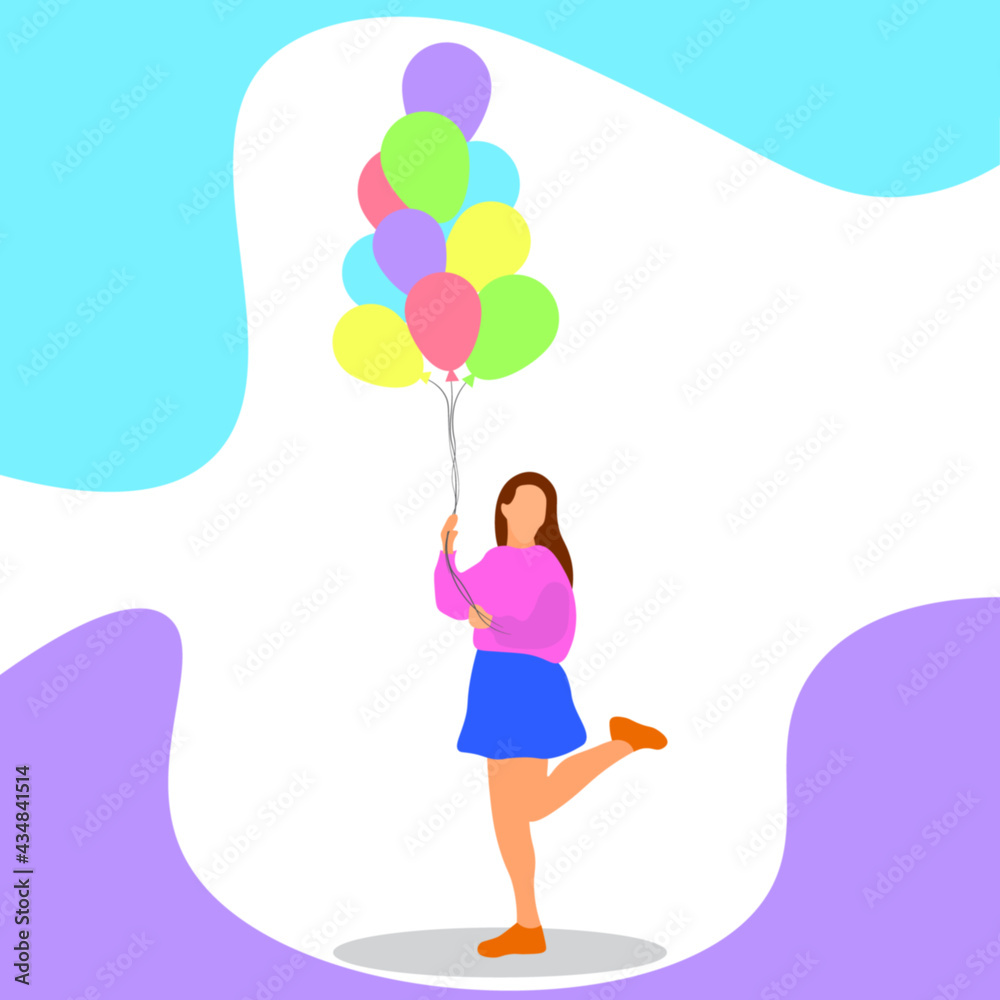 Cute girl holding bunch of helium balloons, vector illustration. Cute girl holding bunch of helium balloons, vector illustration.