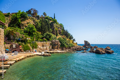 Antalya, Turkey 05.20.2021: High cliffs near the rocky seashore