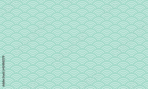 Japanese Wave Pattern On Mint Green Background. Traditional Seigaiha Seamless Pattern Repeat For Fabric, textiles, Home Décor, Scrapbooking, Wallpaper.
