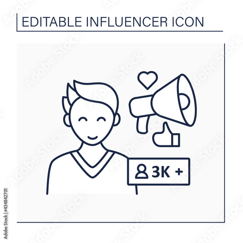 Micro influencer line icon. Blogger with three thousand plus subscribes. Low influence on people. Unpopular person. Blogging concept. Isolated vector illustration. Editable stroke