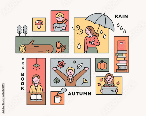 Collection of autumn collage illustrations. flat design vector minimal style.