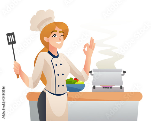 Female chef cooking concept illustration
