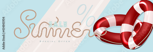 Summer sale with rope text style and lifebuoy marketing template. EPS 10 Vector Illustration for greeting card, ad, promotion, poster, flier, blog, article and social media.
